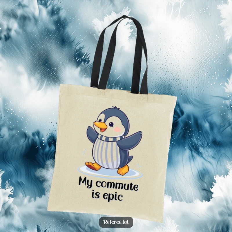 Funny cheerful penguin sliding on ice, making a referee gesture, printed on a durable tote bag for humorous sports gear.