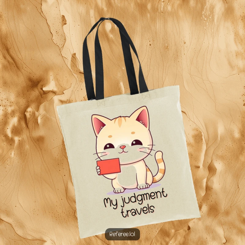 Funny cat red card tote bag showing a scolding cat holding up a tiny red card, perfect for carrying essentials with feline flair.