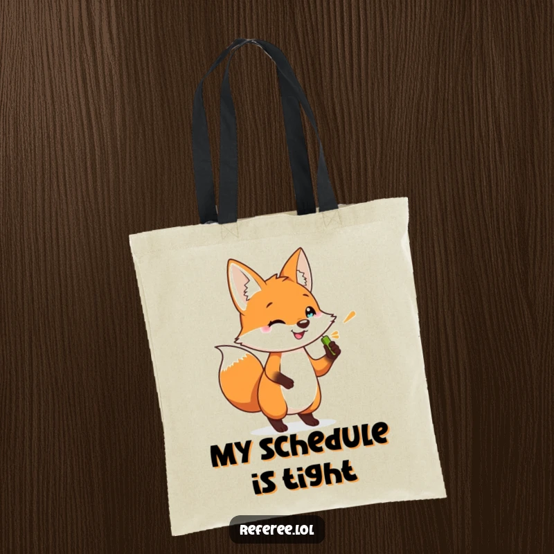 Funny tote bag with a happy fox tapping its foot impatiently, holding a whistle. Practical accessory.
