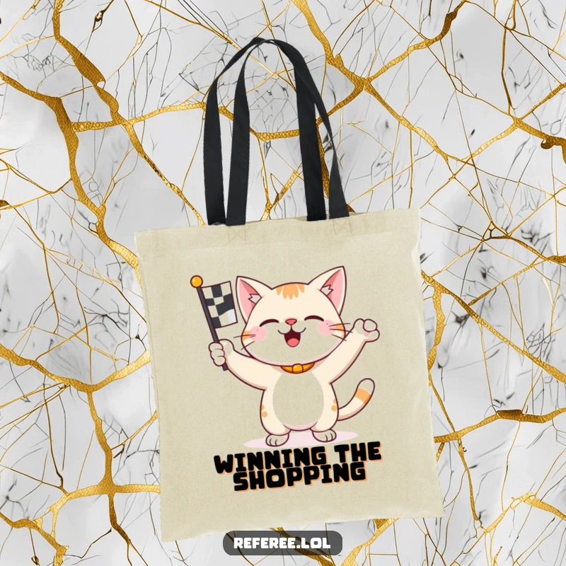 Funny happy cat enthusiastically waving a checkered flag on a tote bag, celebrating the start or finish line.